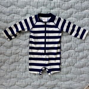 Hanna Andersson Navy and White Striped Baby Swimsuit Rashguard, Size 3-6 months
